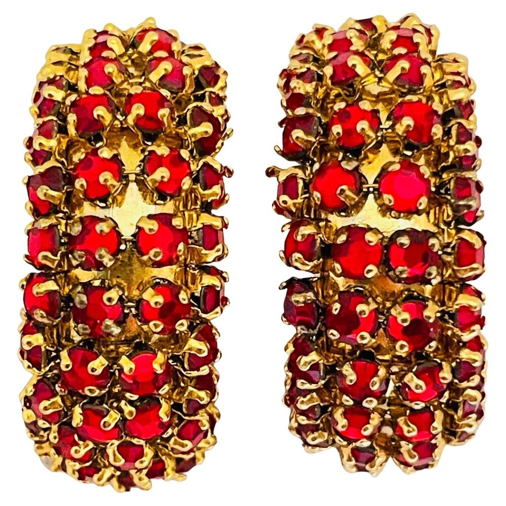Vintage gold ruby red crystals hoop designer runway clip on earrings